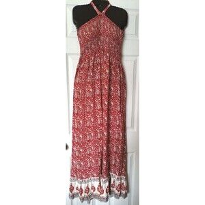 Atmosphere Maxi Dress Size 12 Red Floral Ditzy Print Smocked Halter Boho Cottage